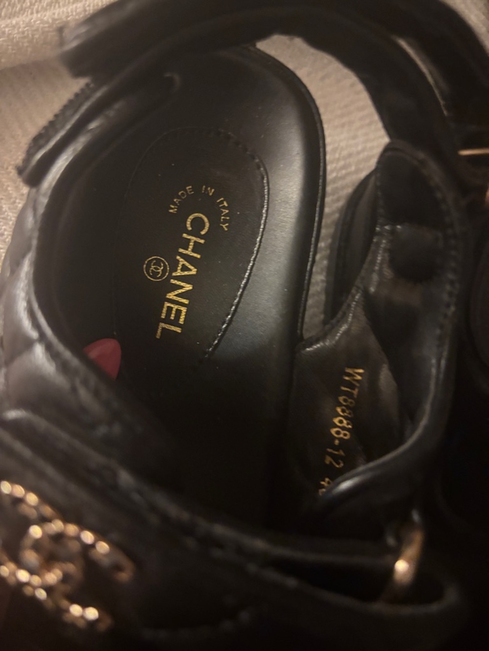 Black Quilted Leather Velcro Logo Sandals with Gold CC gladiator style - Picture 2 of 4